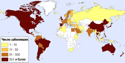Карта распространения гриппа H1N1 в мире