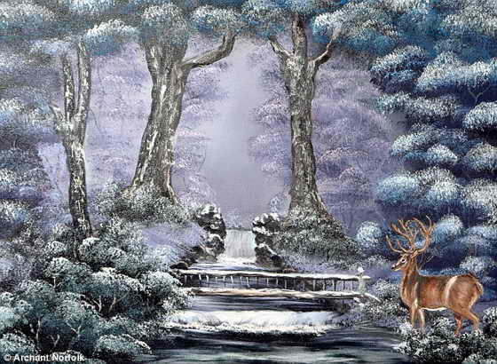 Картина оленя в окружении чудес зимы была написана безруким художником Питером Лонгстаффом с помощью правой ноги