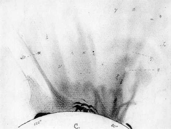 Схематическое изображение солнечного затмения, сделанное 12 декабря 1871 года. На рисунке, сделанном У.Х.Уэсли, ассистентом секретаря Королевского Астрономического Общества, видна Солнечная корона и солнечные протуберанцы (черные выступы)