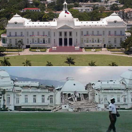 Фотография Президентского дворца на Гаити до и после землетрясения